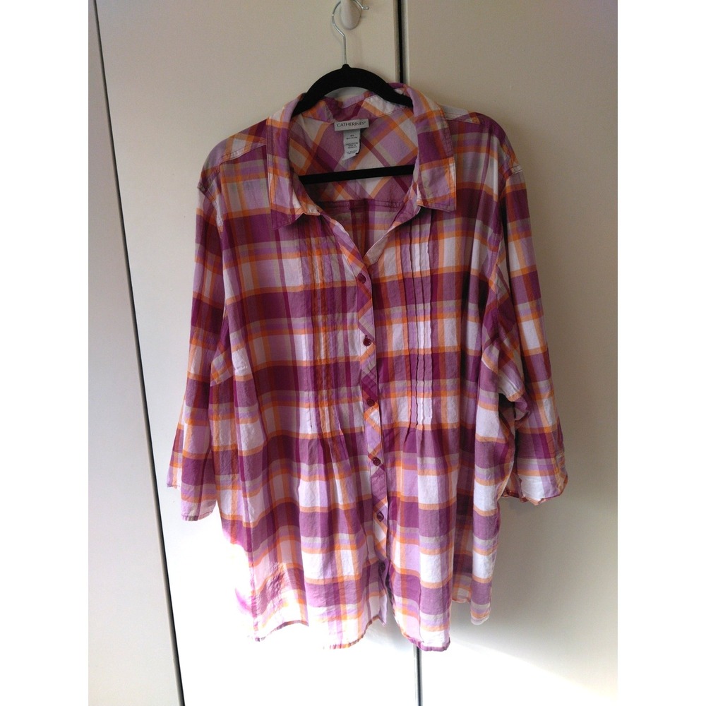 Catherines Button Down Lightweight Plaid Tunic Top Plus Size 4x 30/32 Pleated
